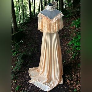 Vintage 1970-80 formal dress. peach, delicate collar chiffon style pleated skirt